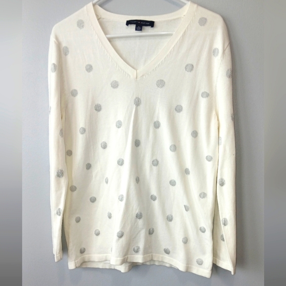 Tommy Hilfiger Tops - Tommy Hilfiger Cream Polka Dot V-neck Sweater Womens XL